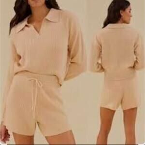 NWT Rachel Parcell Shorts Set Cream XL Ribbed Pull-on Sweater Collared